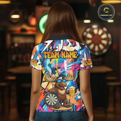 Funny Moose Colorful Graffiti Darts Shirt For Women Custom Darts Team Jersey Polo & 1/4 Zip TDM6397