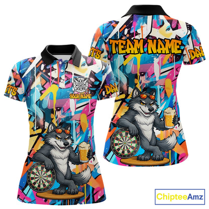 Funny Wolf Colorful Graffiti Darts Shirt For Women Custom Darts Team Jersey Polo & 1/4 Zip TDM6398