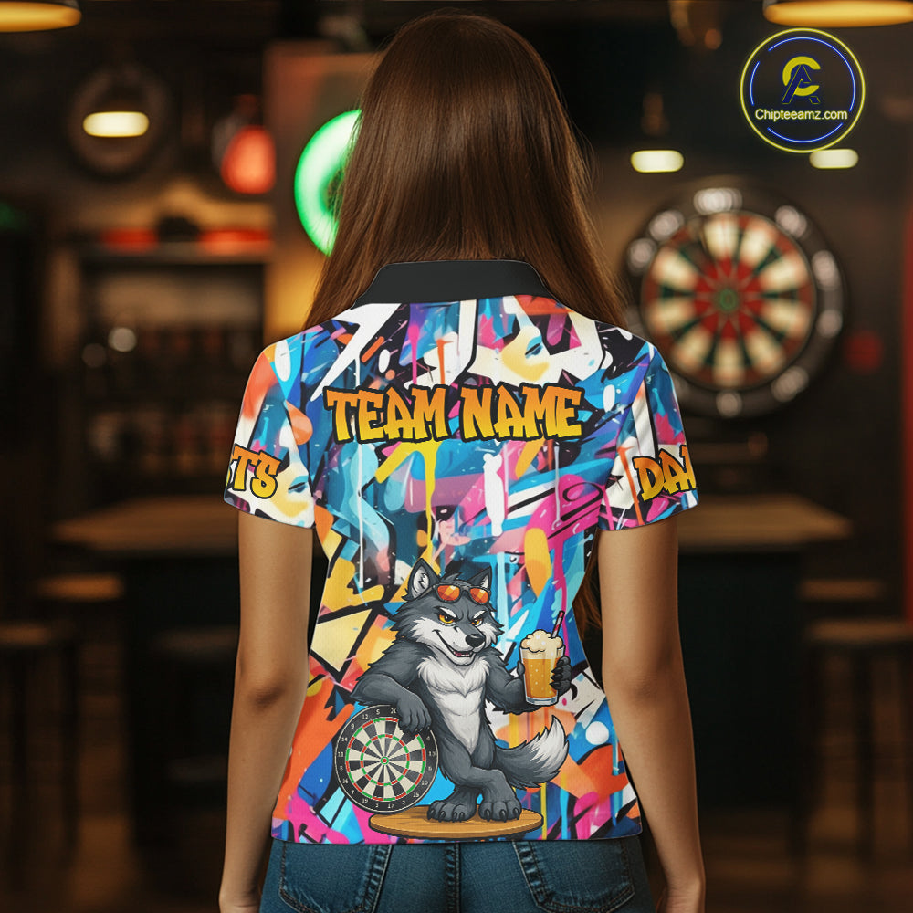 Funny Wolf Colorful Graffiti Darts Shirt For Women Custom Darts Team Jersey Polo & 1/4 Zip TDM6398