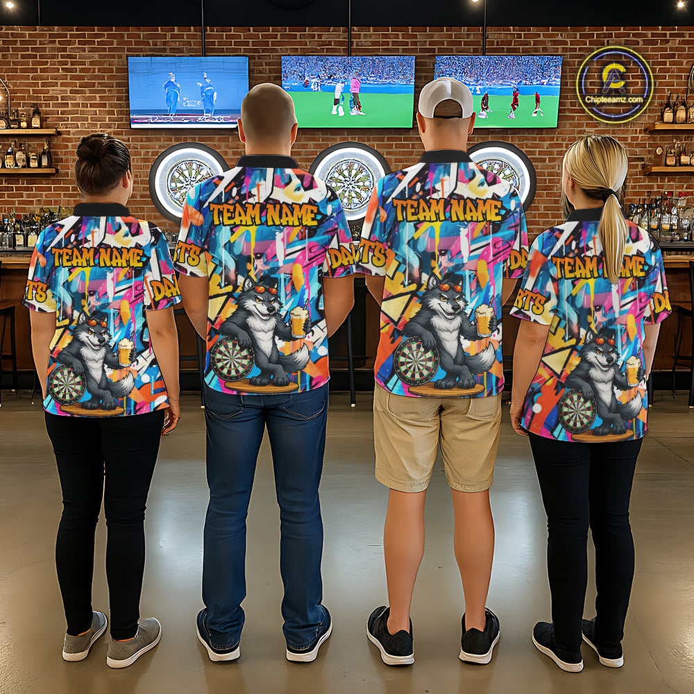 Funny Wolf Colorful Graffiti Darts Shirt For Men Custom Darts Team Jersey Polo & 1/4 Zip TDM6398