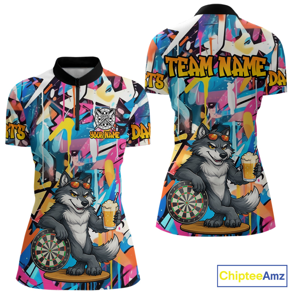 Funny Wolf Colorful Graffiti Darts Shirt For Women Custom Darts Team Jersey Polo & 1/4 Zip TDM6398