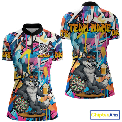 Funny Wolf Colorful Graffiti Darts Shirt For Women Custom Darts Team Jersey Polo & 1/4 Zip TDM6398