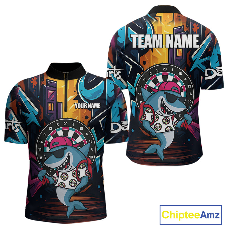 Funny Shark Colorful Graffiti Style Custom Dart Shirts For Men, Dart Team Jersey Best Darts Outfit TDM4423