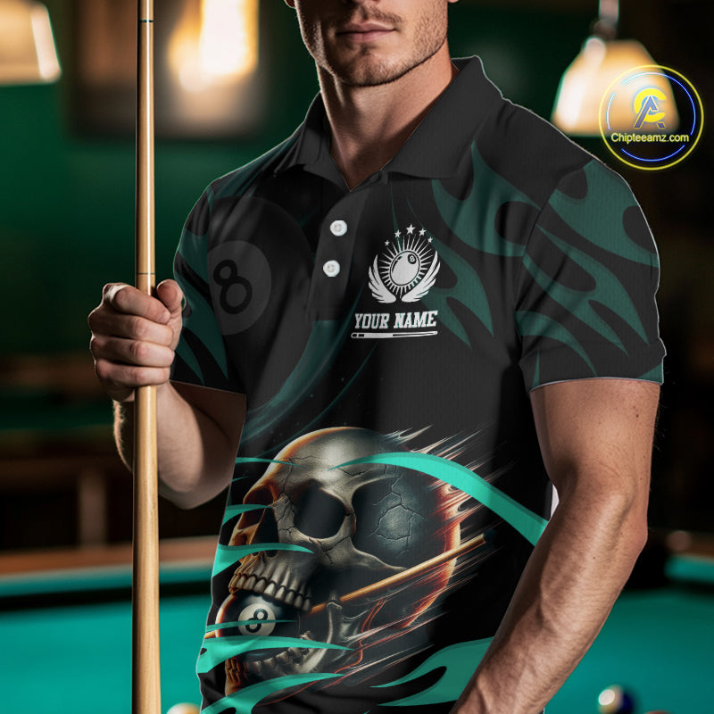 Turquoise Funny Skull 8 Ball Pool Shirt For Men Custom Billiard Team Jersey Polo & 1/4 Zip TDM4424