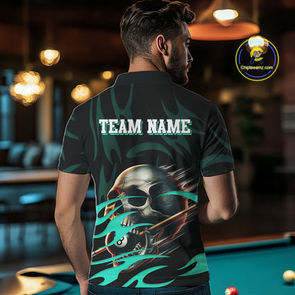 Turquoise Funny Skull 8 Ball Pool Shirt For Men Custom Billiard Team Jersey Polo & 1/4 Zip TDM4424