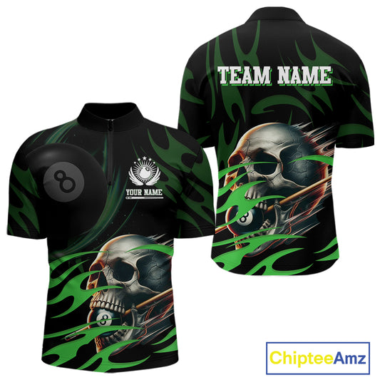 Green Funny Skull 8 Ball Pool Shirt For Men Custom Billiard Team Jersey Polo & 1/4 Zip TDM4425