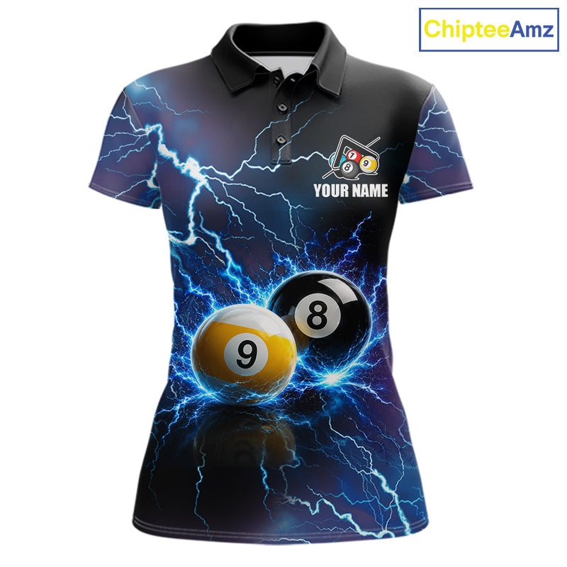 Personalized Blue Thunder Lightning 8 Ball 9 Ball Pool Billiard Polo Shirt Featuring Electric Lightning Artwork for Pool League Players, Team Competition, and Tournament Events