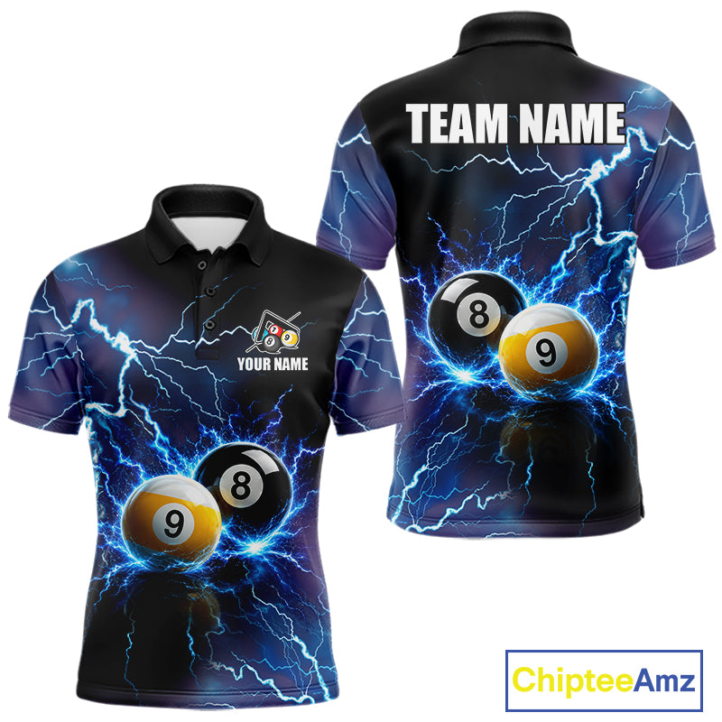 Custom Blue Thunder Lightning 8 Ball 9 Ball Billiard Polo Shirt Designed for Personalized Team Jerseys with Dynamic Lightning Graphics and Athletic Performance Style
