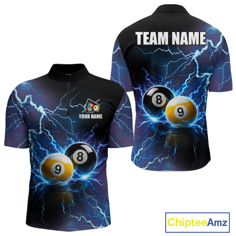 Personalized Blue Thunder Lightning 8 Ball 9 Ball Quarter Zip Billiard Shirt Created for Pool League Teams with Premium Performance Fabric and Tournament Ready Design
