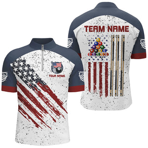 White Grunge American Flag Custom Billiard Shirts For Men, Patriotic Team Player Pool Jerseys TDM2326