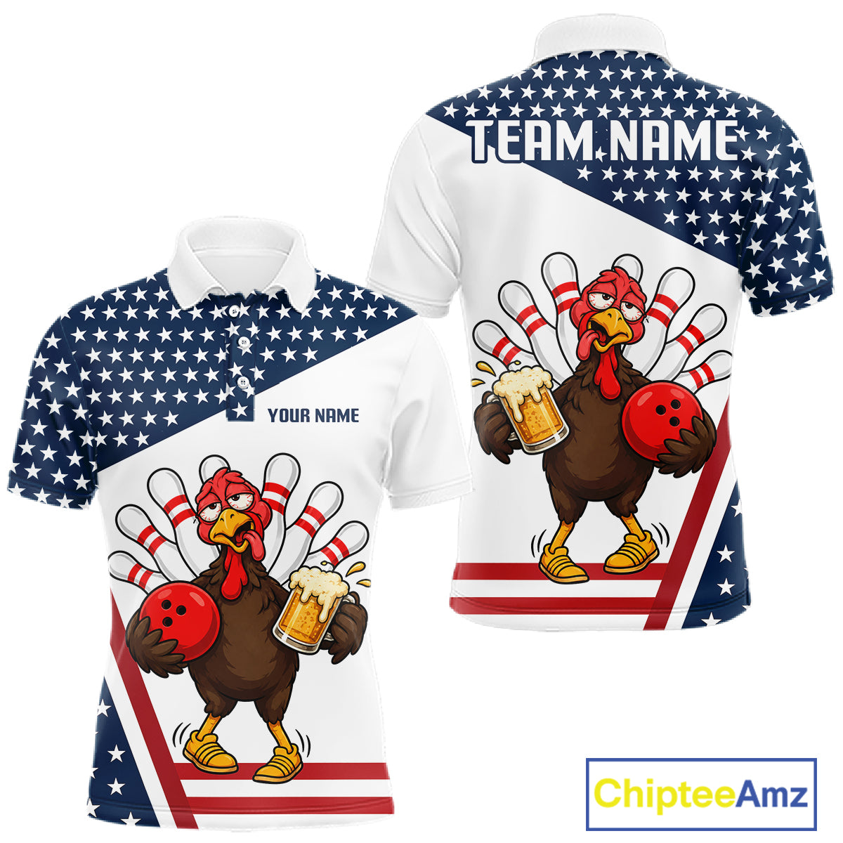 American Flag Funny Drunk Turkey Beer Bowling Shirts For Men Custom Thanksgiving Bowling Jersey TDM7327