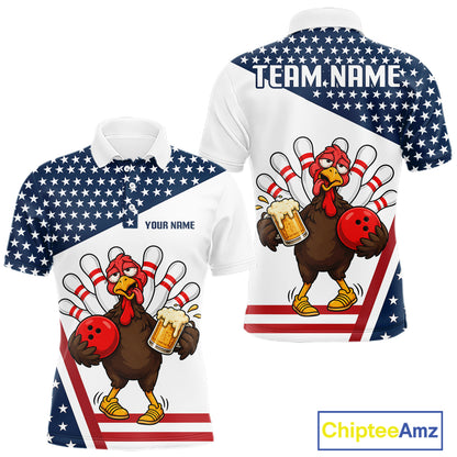American Flag Funny Drunk Turkey Beer Bowling Shirts For Men Custom Thanksgiving Bowling Jersey TDM7327