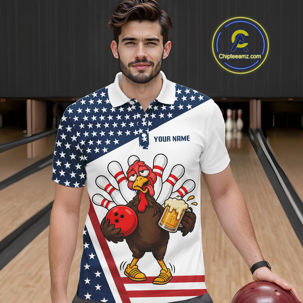 American Flag Funny Drunk Turkey Beer Bowling Shirts For Men Custom Thanksgiving Bowling Jersey TDM7327