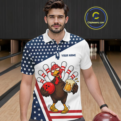 American Flag Funny Drunk Turkey Beer Bowling Shirts For Men Custom Thanksgiving Bowling Jersey TDM7327