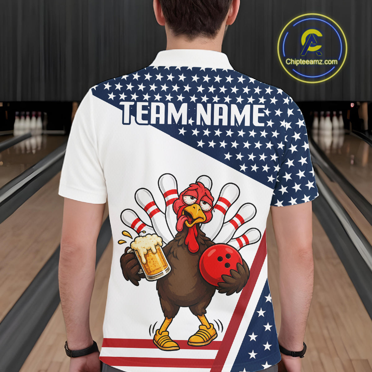 American Flag Funny Drunk Turkey Beer Bowling Shirts For Men Custom Thanksgiving Bowling Jersey TDM7327