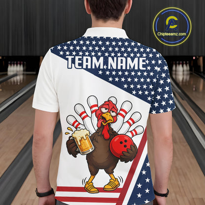 American Flag Funny Drunk Turkey Beer Bowling Shirts For Men Custom Thanksgiving Bowling Jersey TDM7327