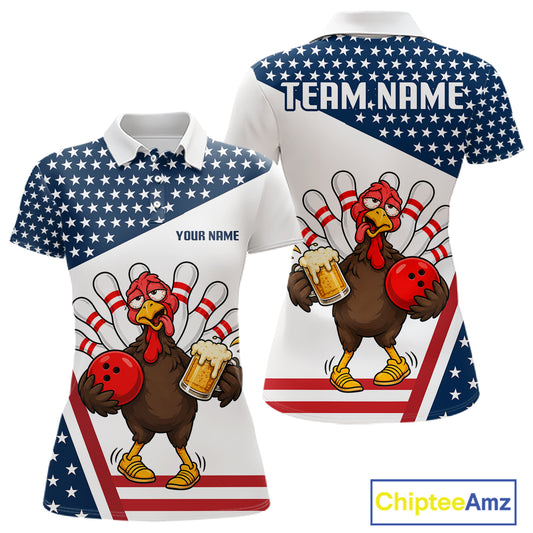 American Flag Funny Drunk Turkey Beer Bowling Shirts For Women Custom Thanksgiving Bowling Jersey TDM7327