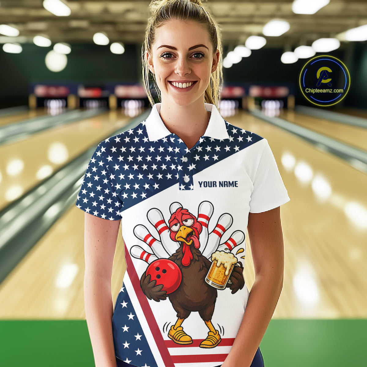 American Flag Funny Drunk Turkey Beer Bowling Shirts For Women Custom Thanksgiving Bowling Jersey TDM7327