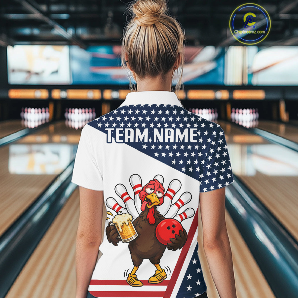 American Flag Funny Drunk Turkey Beer Bowling Shirts For Women Custom Thanksgiving Bowling Jersey TDM7327