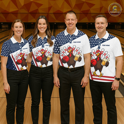 American Flag Funny Drunk Turkey Beer Bowling Shirts For Women Custom Thanksgiving Bowling Jersey TDM7327