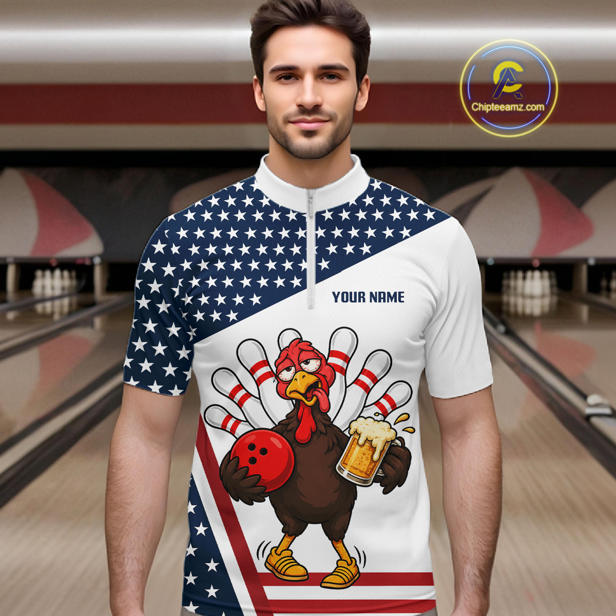 American Flag Funny Drunk Turkey Beer Bowling Shirts For Men Custom Thanksgiving Bowling Jersey TDM7327