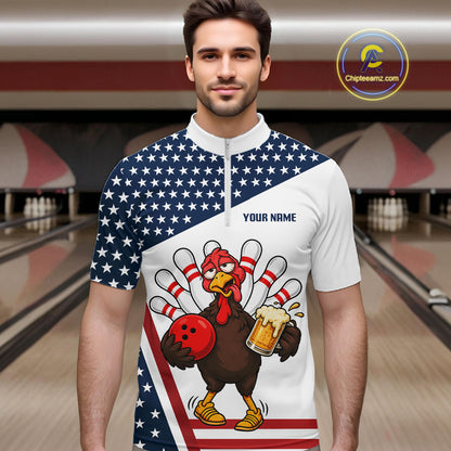 American Flag Funny Drunk Turkey Beer Bowling Shirts For Men Custom Thanksgiving Bowling Jersey TDM7327