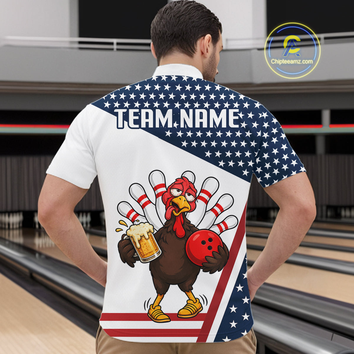 American Flag Funny Drunk Turkey Beer Bowling Shirts For Men Custom Thanksgiving Bowling Jersey TDM7327