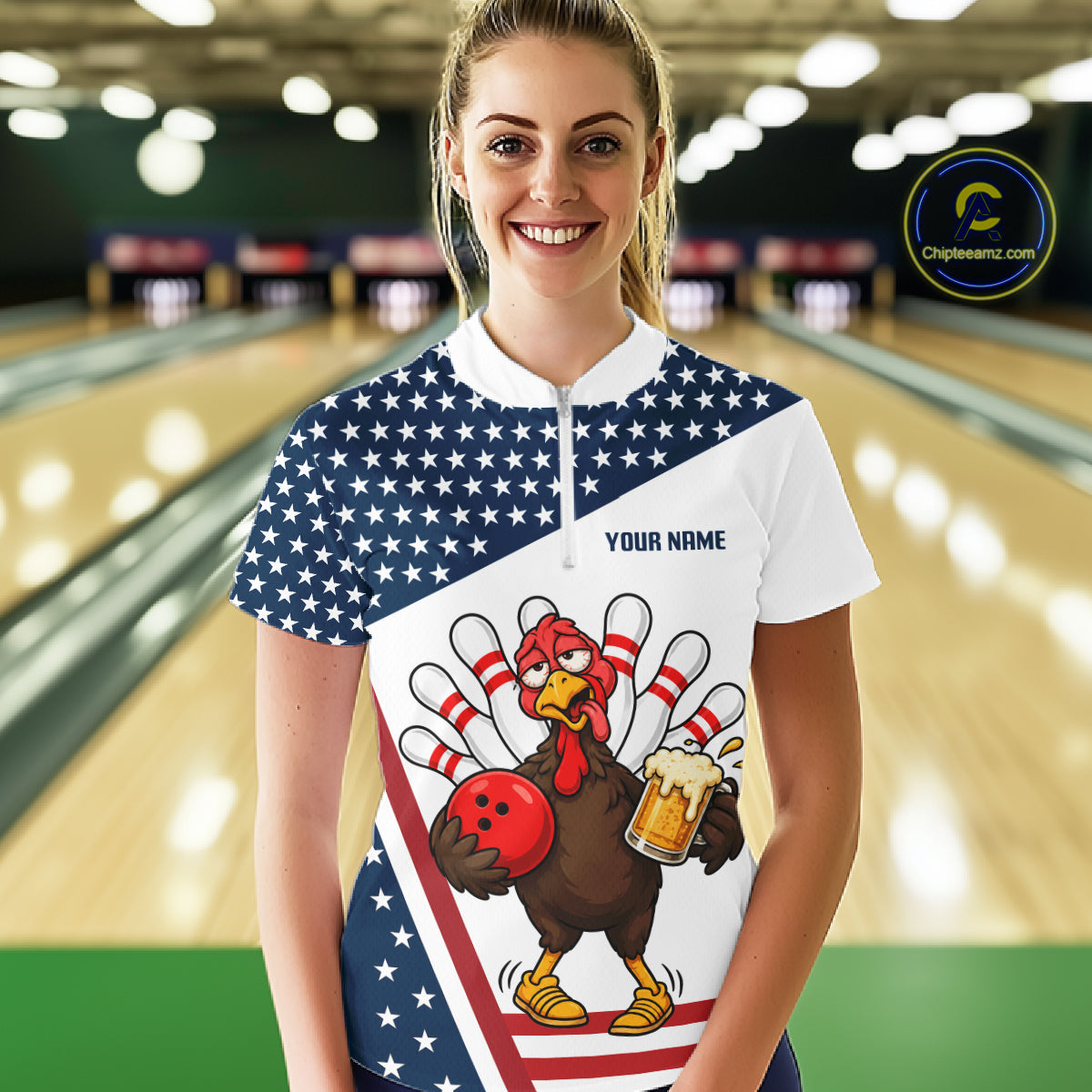 American Flag Funny Drunk Turkey Beer Bowling Shirts For Women Custom Thanksgiving Bowling Jersey TDM7327