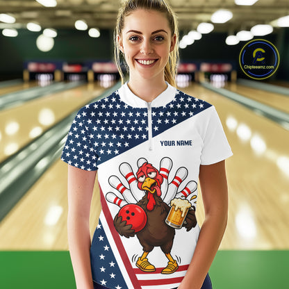 American Flag Funny Drunk Turkey Beer Bowling Shirts For Women Custom Thanksgiving Bowling Jersey TDM7327