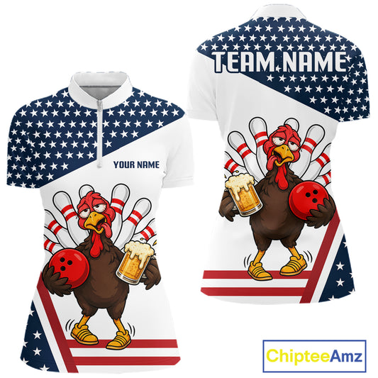 American Flag Funny Drunk Turkey Beer Bowling Shirts For Women Custom Thanksgiving Bowling Jersey TDM7327