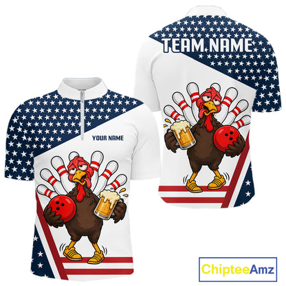 American Flag Funny Drunk Turkey Beer Bowling Shirts For Men Custom Thanksgiving Bowling Jersey TDM7327