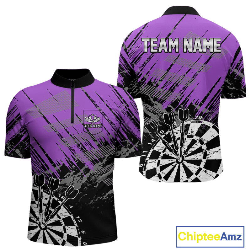 Purple Grunge Darts Shirts For Men Custom Darts Jerseys With Pocket Option TDM4856