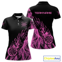 Load image into Gallery viewer, Black And Pink Flame Fire Darts Polo &amp; Quarter Zip Custom Dart Shirt For Women Dart Jerseys TDM4858