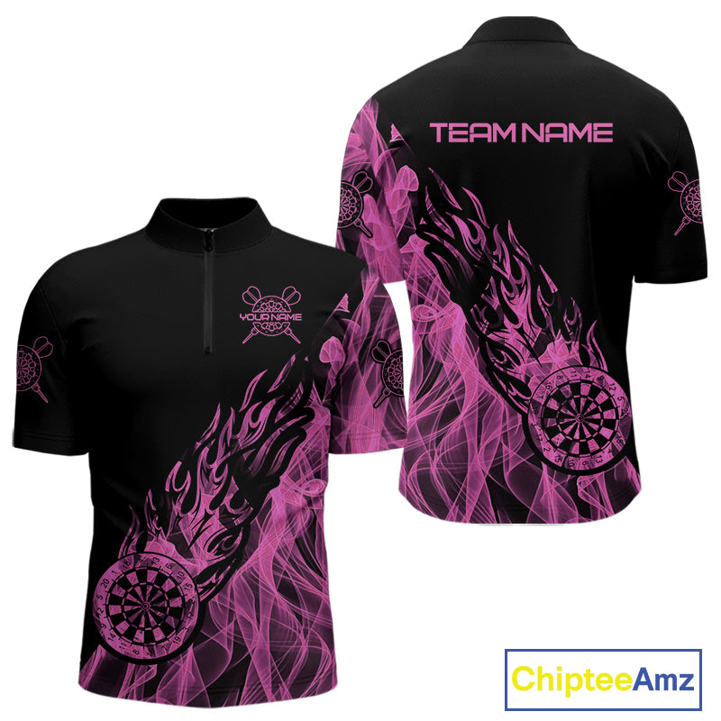 Black And Pink Flame Fire Darts Polo & Quarter Zip Custom Dart Shirt For Men Dart Jerseys TDM4858