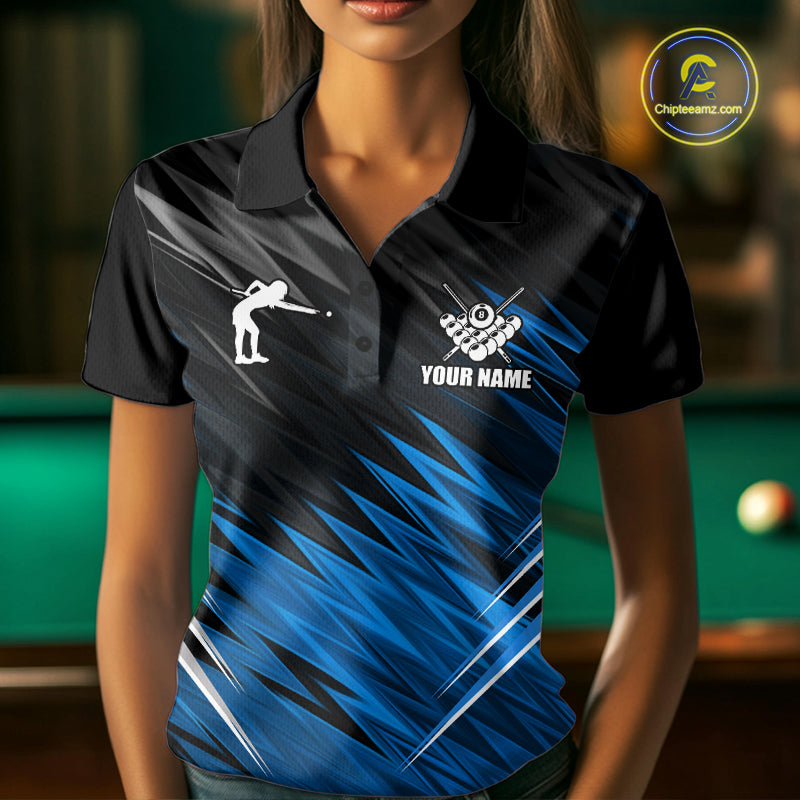 Black And Blue 8 Ball Billiard Pool Shirts For Women Custom Billiard League Shirts, Pool Team Jersey TDM7636