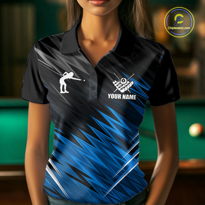 Black And Blue 8 Ball Billiard Pool Shirts For Women Custom Billiard League Shirts, Pool Team Jersey TDM7636