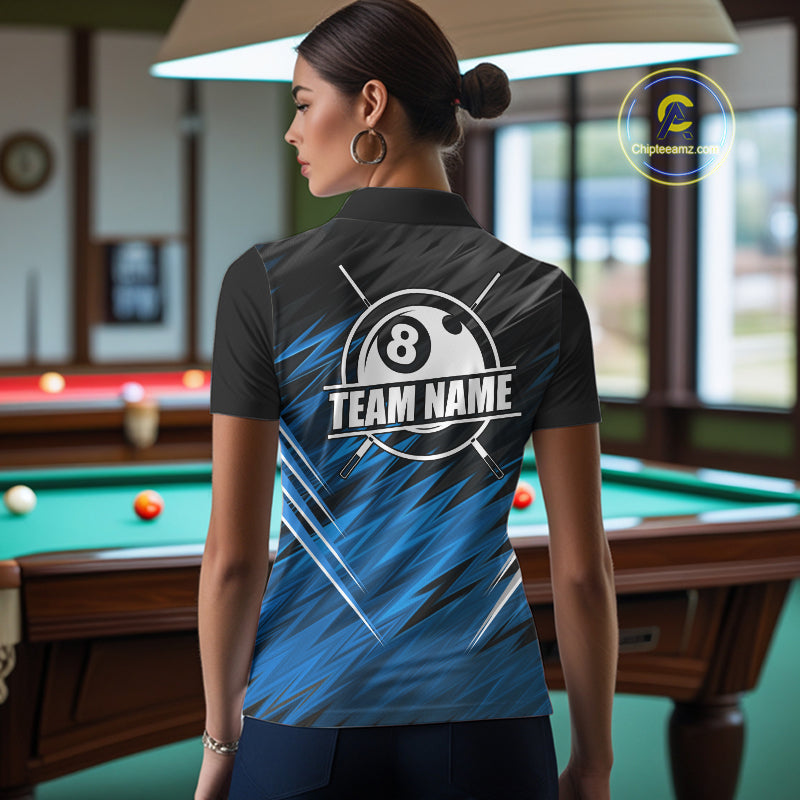 Black And Blue 8 Ball Billiard Pool Shirts For Women Custom Billiard League Shirts, Pool Team Jersey TDM7636