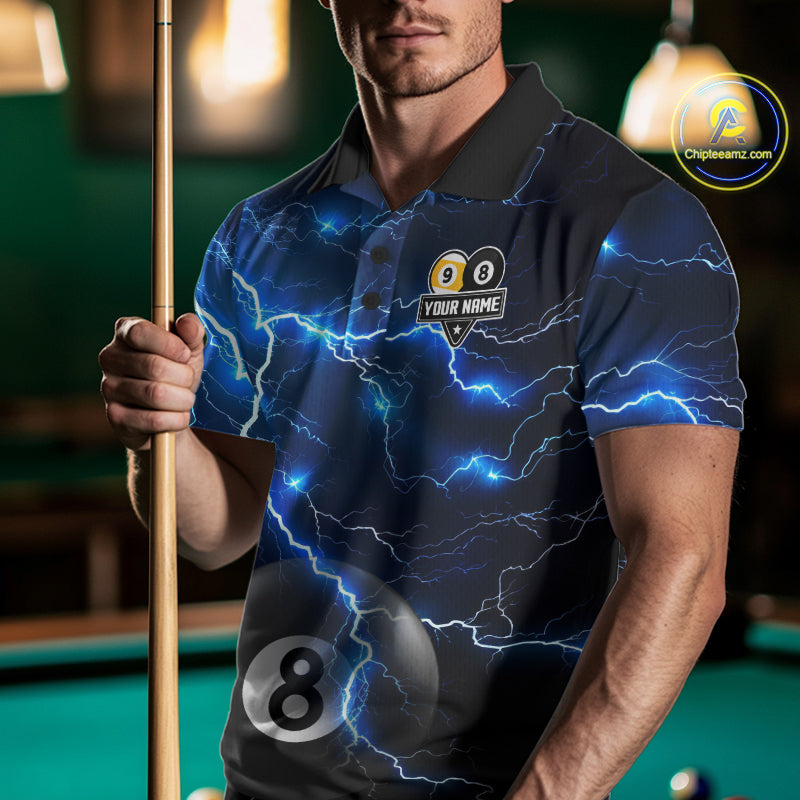 Blue Lightning Thunder 8 Ball & 9 Ball Billiard Jersey For Men Custom Pool Team Shirts Polo, 1/4 Zip TDM7639