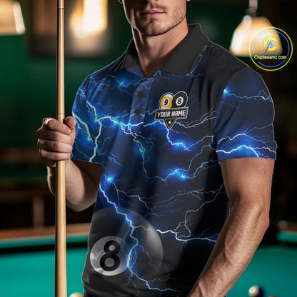 Blue Lightning Thunder 8 Ball & 9 Ball Billiard Jersey For Men Custom Pool Team Shirts Polo, 1/4 Zip TDM7639