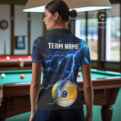 Blue Lightning Thunder 8 Ball & 9 Ball Billiard Jersey For Women Custom Pool Team Shirts Polo, 1/4 Zip TDM7639