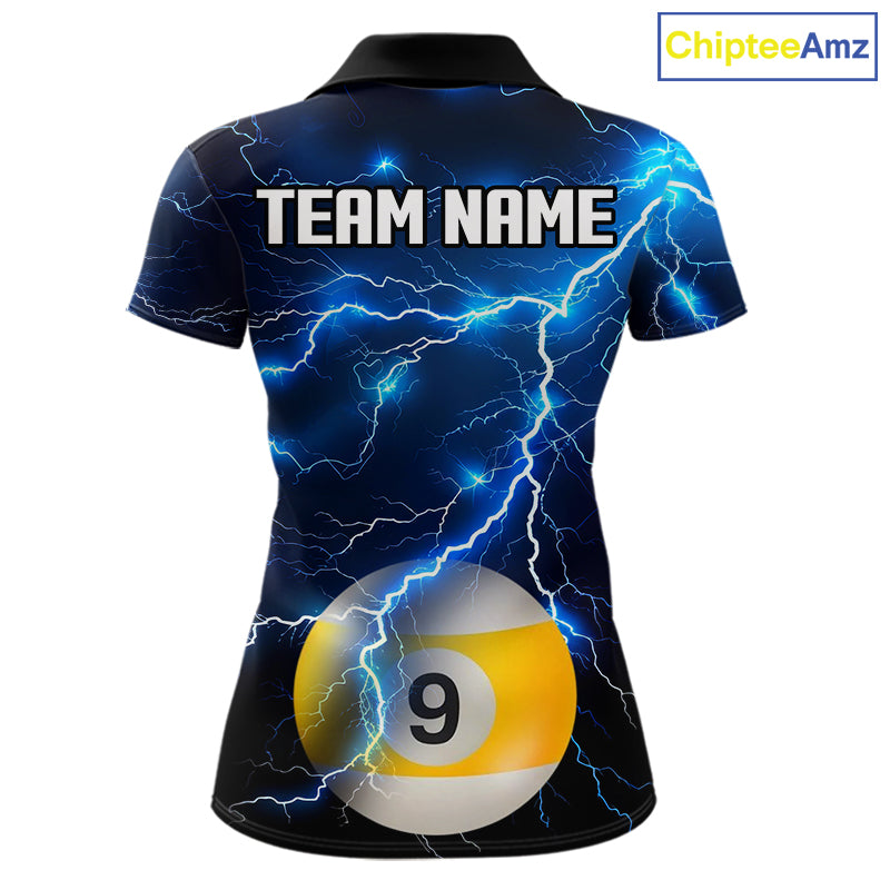 Blue Lightning Thunder 8 Ball & 9 Ball Billiard Jersey For Women Custom Pool Team Shirts Polo, 1/4 Zip TDM7639