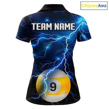 Blue Lightning Thunder 8 Ball & 9 Ball Billiard Jersey For Women Custom Pool Team Shirts Polo, 1/4 Zip TDM7639