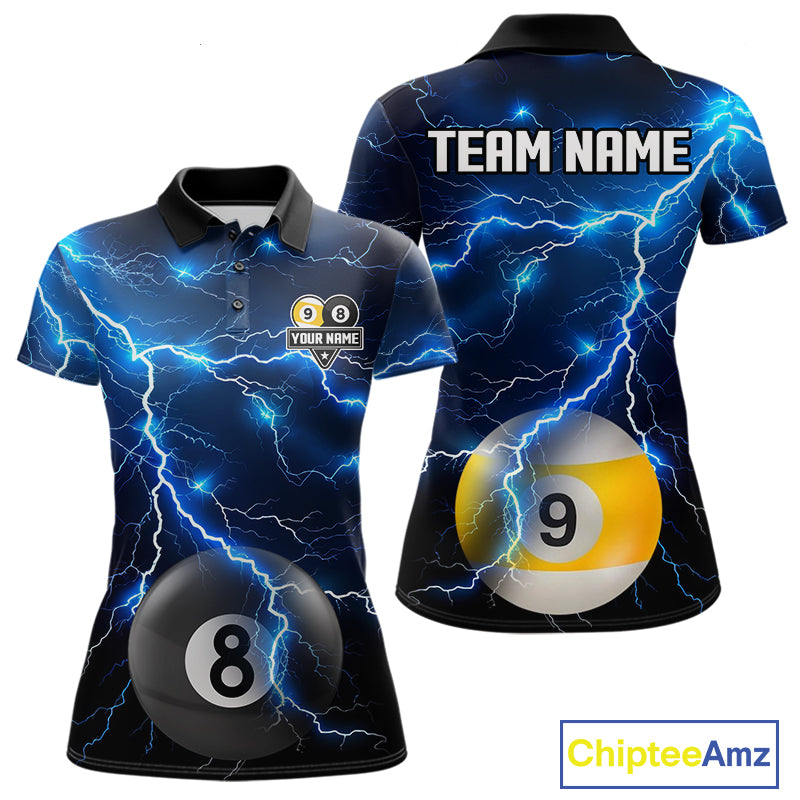 Blue Lightning Thunder 8 Ball & 9 Ball Billiard Jersey For Women Custom Pool Team Shirts Polo, 1/4 Zip TDM7639