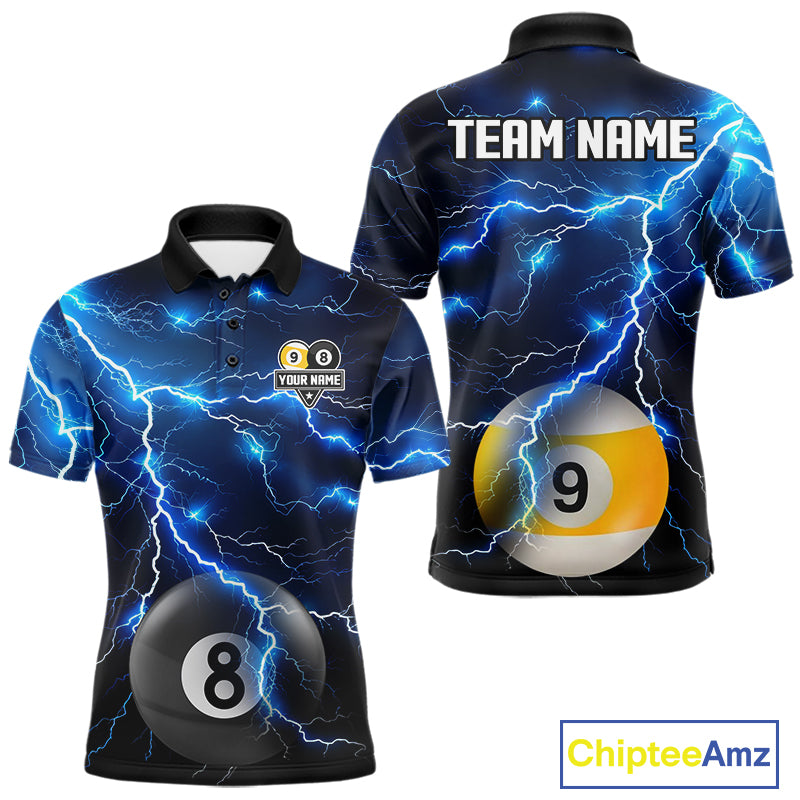 Blue Lightning Thunder 8 Ball & 9 Ball Billiard Jersey For Men Custom Pool Team Shirts Polo, 1/4 Zip TDM7639