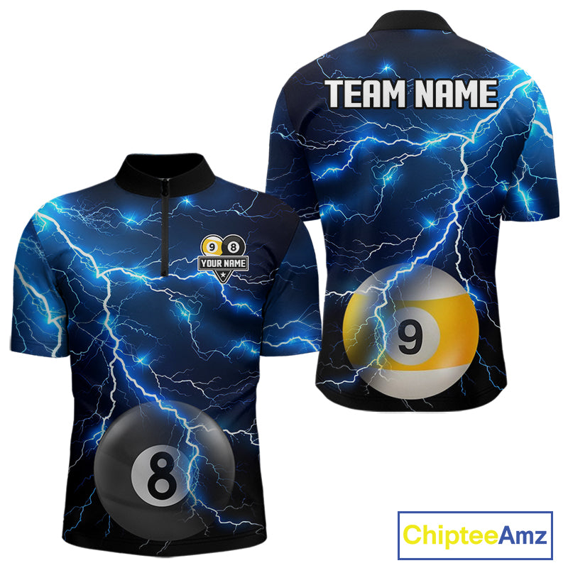 Blue Lightning Thunder 8 Ball & 9 Ball Billiard Jersey For Men Custom Pool Team Shirts Polo, 1/4 Zip TDM7639