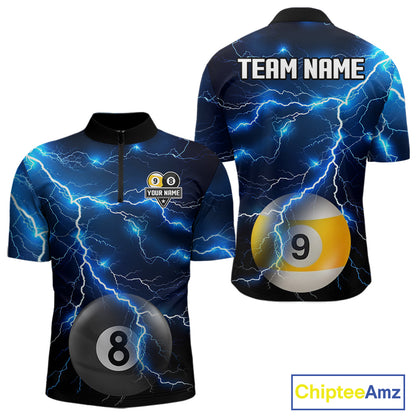 Blue Lightning Thunder 8 Ball & 9 Ball Billiard Jersey For Men Custom Pool Team Shirts Polo, 1/4 Zip TDM7639
