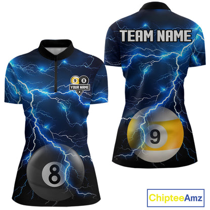 Blue Lightning Thunder 8 Ball & 9 Ball Billiard Jersey For Women Custom Pool Team Shirts Polo, 1/4 Zip TDM7639