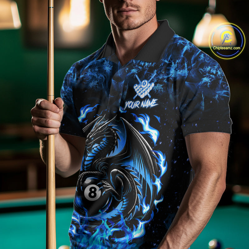 Black And Blue Flaming Dragon 8 Ball Billiard Pool Shirts For Men Custom Billiard Team Jersey TDM7644