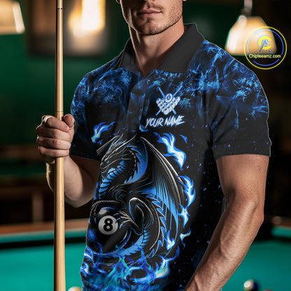 Black And Blue Flaming Dragon 8 Ball Billiard Pool Shirts For Men Custom Billiard Team Jersey TDM7644
