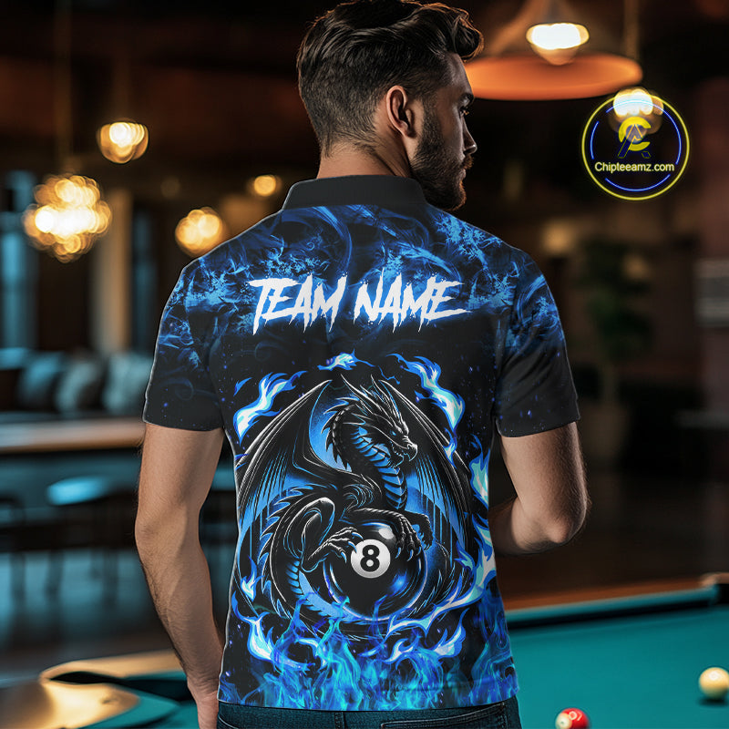 Black And Blue Flaming Dragon 8 Ball Billiard Pool Shirts For Men Custom Billiard Team Jersey TDM7644